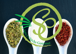 Spicy Chicks Gourment Logo Over Spoons of Seasonings & Spices